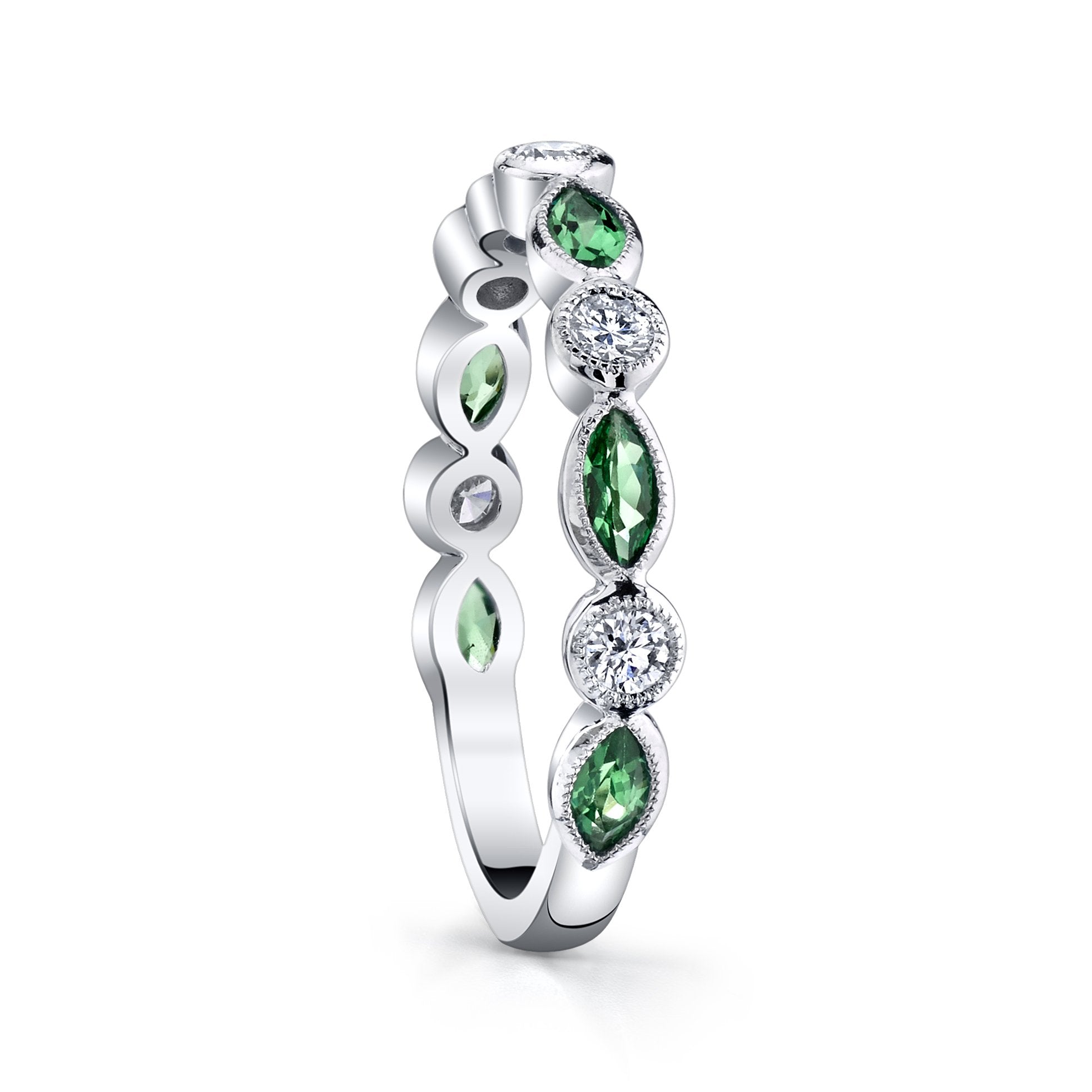 14K White Gold Diamond And Tsavorite Garnet Stackable Band