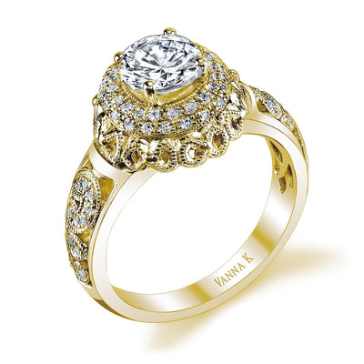 18K YELLOW GOLD DOUBLE HALO DIAMOND ENGAGEMENT RING