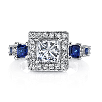 18K White Gold Halo Diamond And Sapphire Engagement Ring
