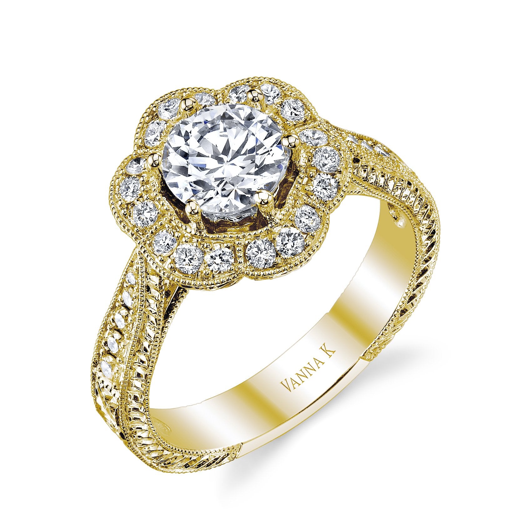 18K YELLOW GOLD HALO DIAMOND ENGAGEMENT RING