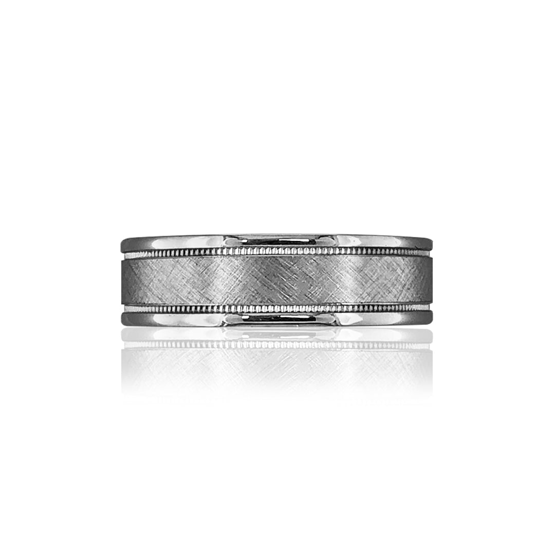 14K WHITE GOLD BRUSHED/MILIGRAIN 6MM WEDDING BAND